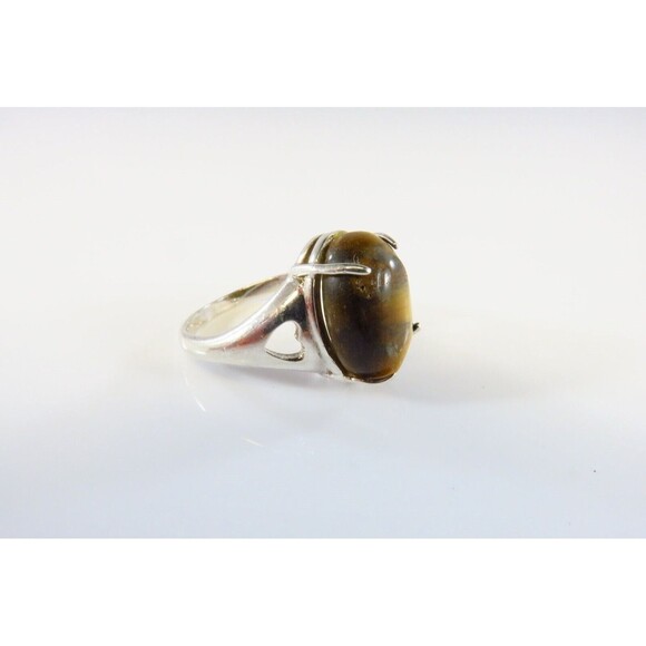 Sterling Tigers Eye Solitaire Ring Oval Cabochon Prong Set Sz 5 1/2 - Picture 3 of 7